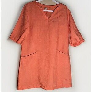 Len Ok Coral Linen Dress L Minimalist Coastal Summer Tunic Shift Lagenlook Chic